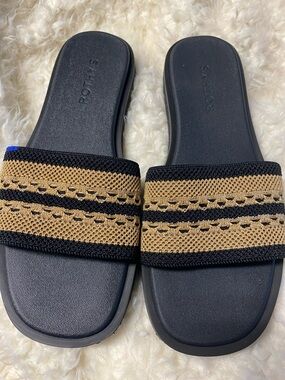 Rothy's Black and Gold Weave Slide Sandals